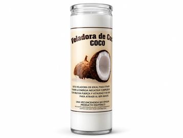 Coconut-scented candle in a tall glass jar with Spanish label.