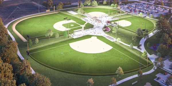 Aerial view of a baseball complex with four fields.