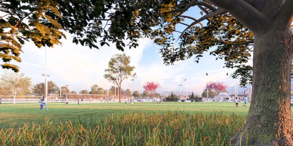 Scenic view of a park with people walking and playing.
