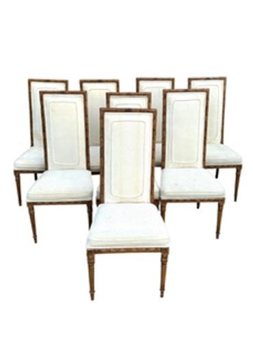 ( Set of 8 ) Mid Century French Louie XVI Style Bamboo Square High Back Upholstered Dining Chairs