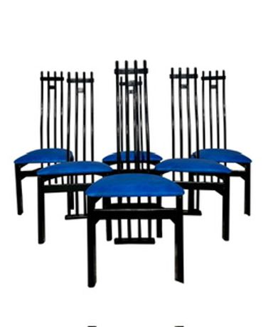 
Refurbished Postmodern Skinny Glossy Black High Spindle Back Dining Chairs with Matte Blue Floral S