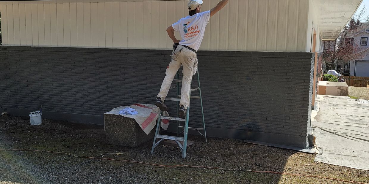 Professional painters completing exterior home painting on a ladder.