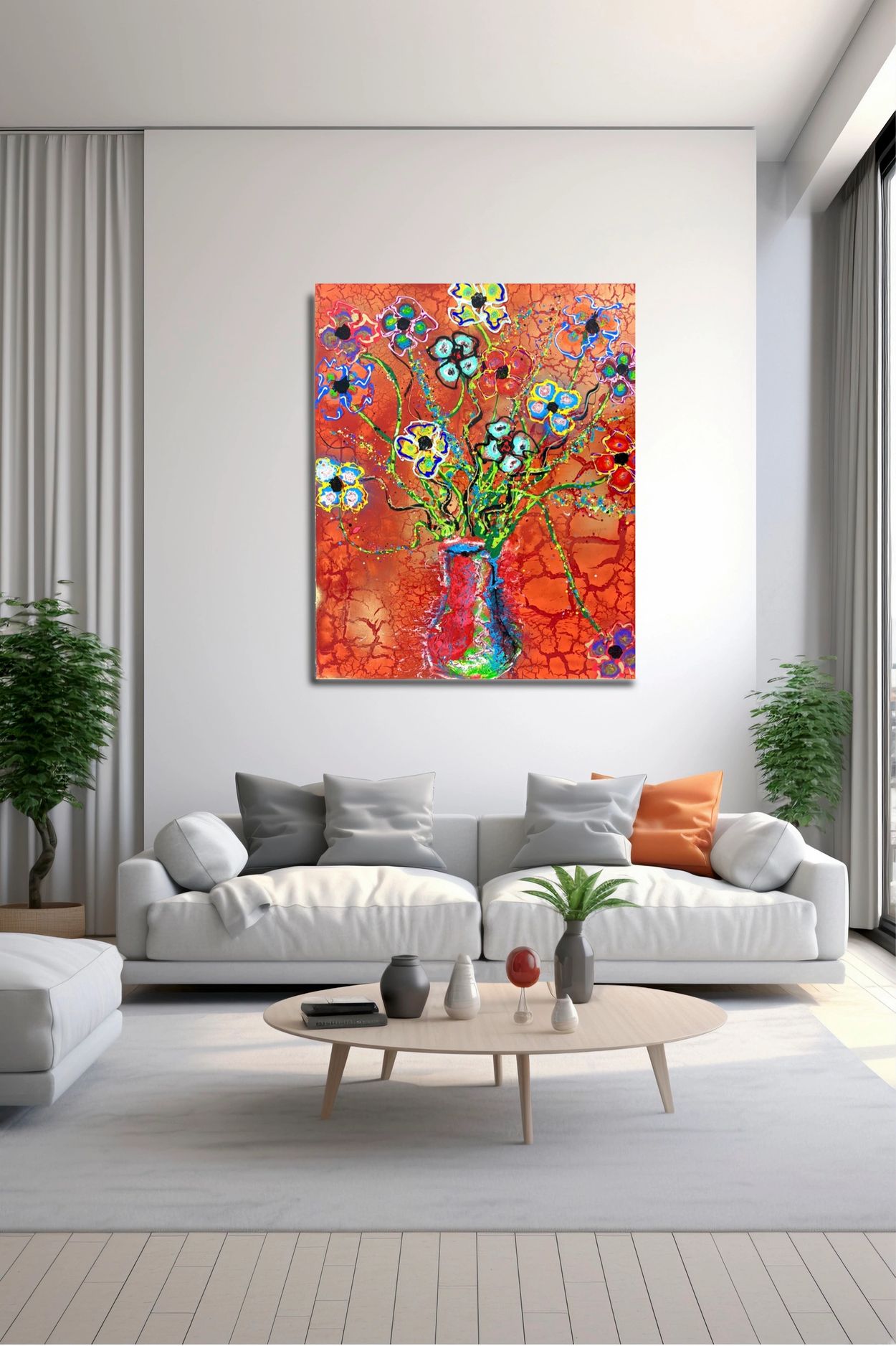 Colorful abstract floral painting in a modern living room.