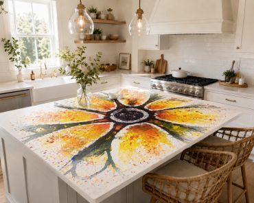 Kitchen island with a vibrant sunflower design.