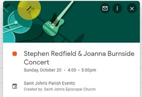 Concert announcement for Stephen Redfield and Joanna Burnside on October 20.