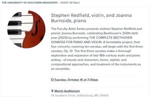 Concert poster for violinist Stephen Redfield and pianist Joanna Burnside.