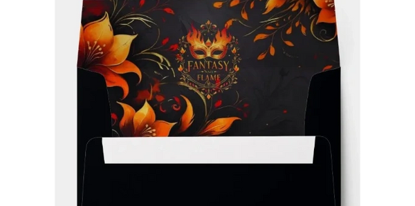 An envelope with orange flowers and a flaming masquerade mask.