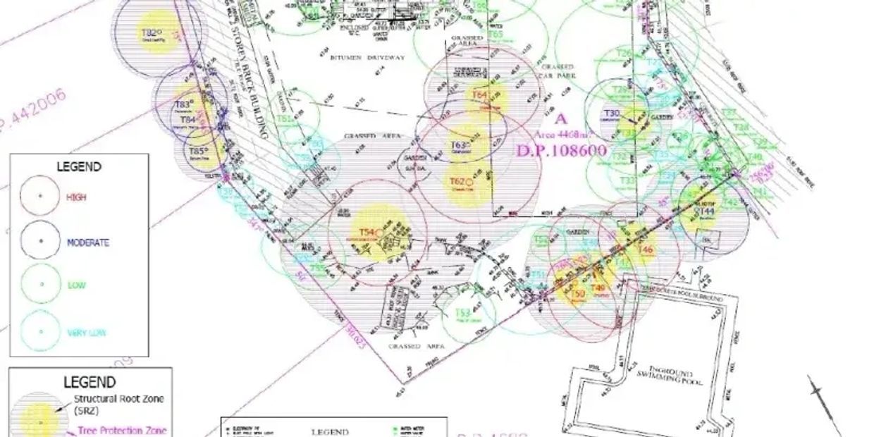 Landscape plan with structural root and tree protection zones.
