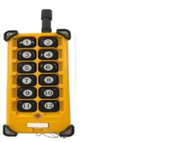 Yellow industrial remote control with twelve black buttons.