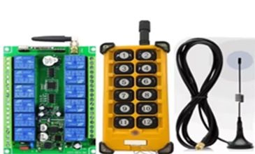 Wireless remote control switch kit with relays, remote, cable, and antenna.