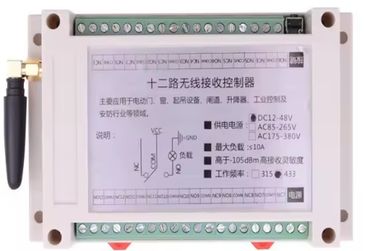 A 12-channel wireless receiver controller with antenna and terminal blocks.
