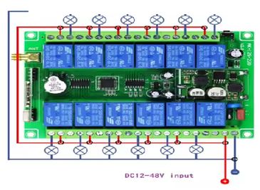 A relay control board with 16 channels and DC12-48V input.
