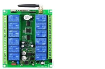 A green relay control board with blue relays and an antenna.