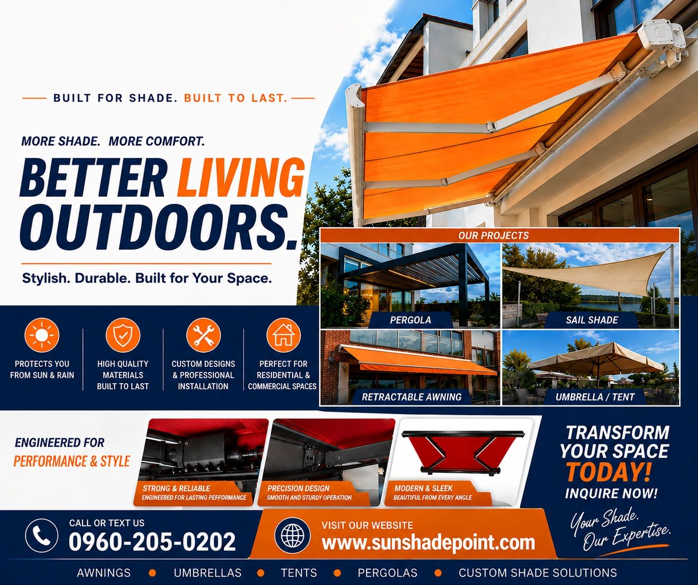 Advertisement for durable, stylish outdoor shade solutions.