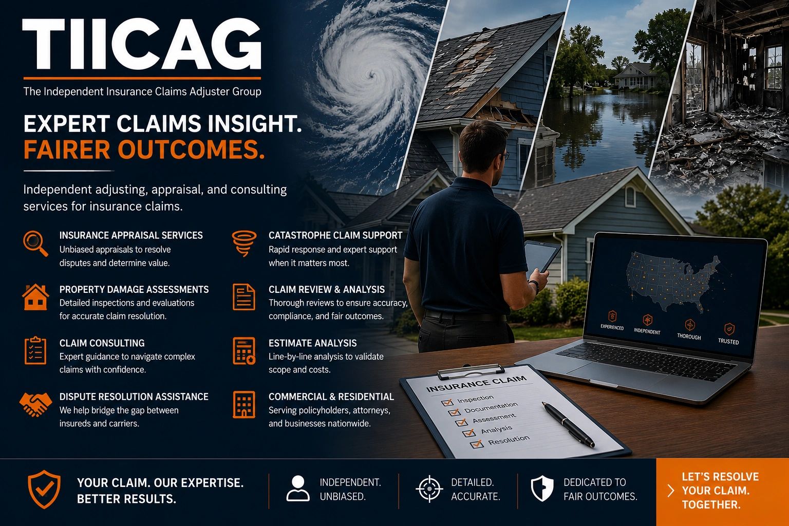 TIICAG assesses auto and property damage from storm, flood, and fire losses. Independent adjusting.