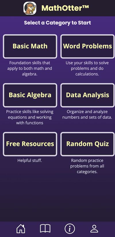MathOtter app screen with six math categories to choose from.