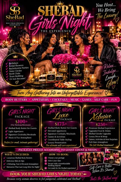 A vibrant advertisement for SheBad Girls Night, highlighting luxury and fun.