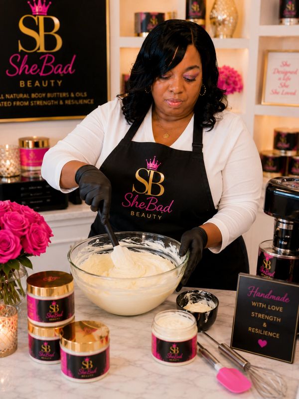 Woman mixing body butter in a kitchen setup.