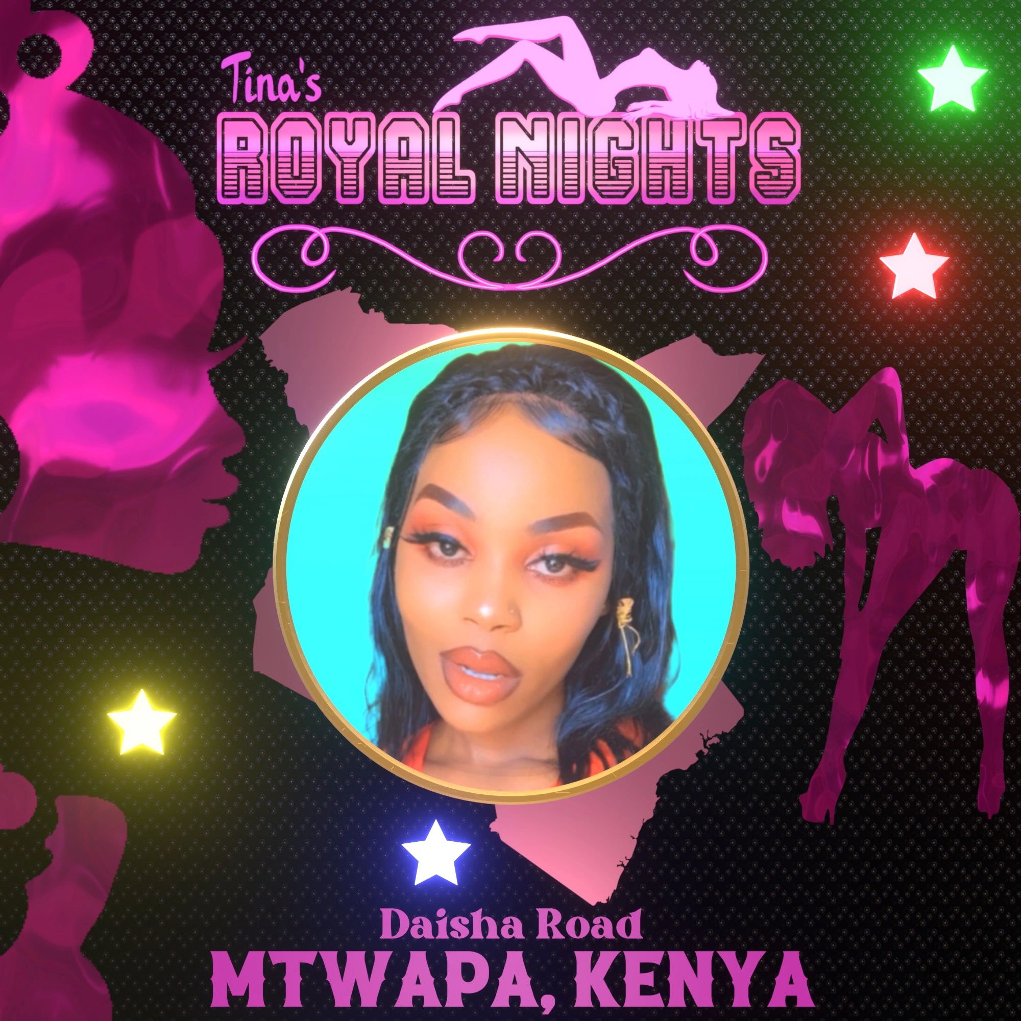 Promotional artwork NFT ad for Tina's Royal Nights club located in Mtwapa, Mombasa, Kenya.