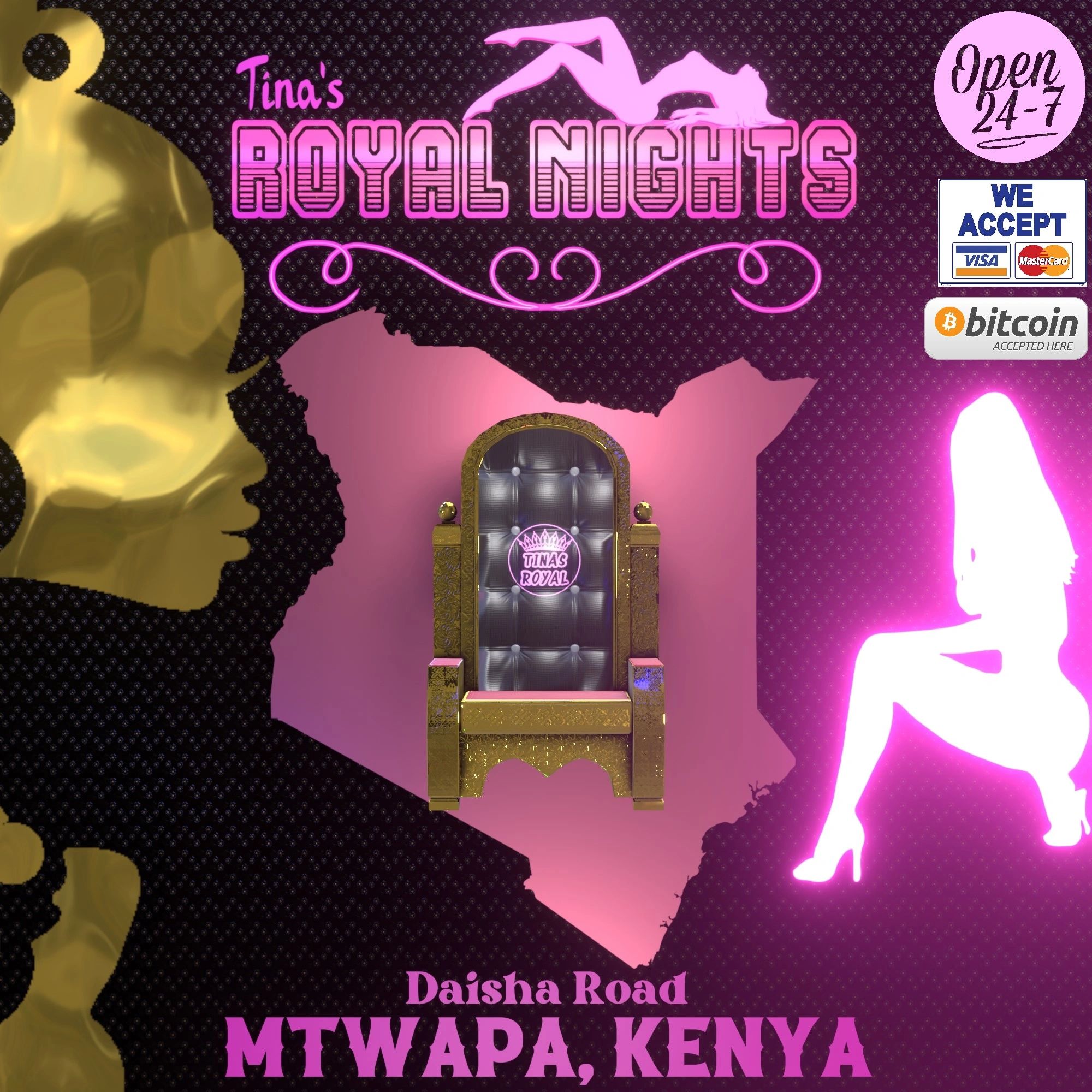 Promotional artwork advertisement for Tina's Royal Nights club located in Mtwapa, Mombasa, Kenya.