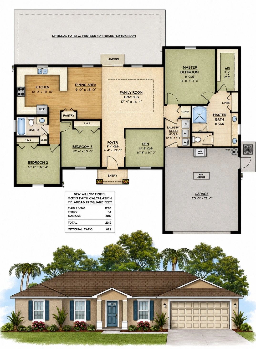 Single-story house floor plan with 3 bedrooms and garage.