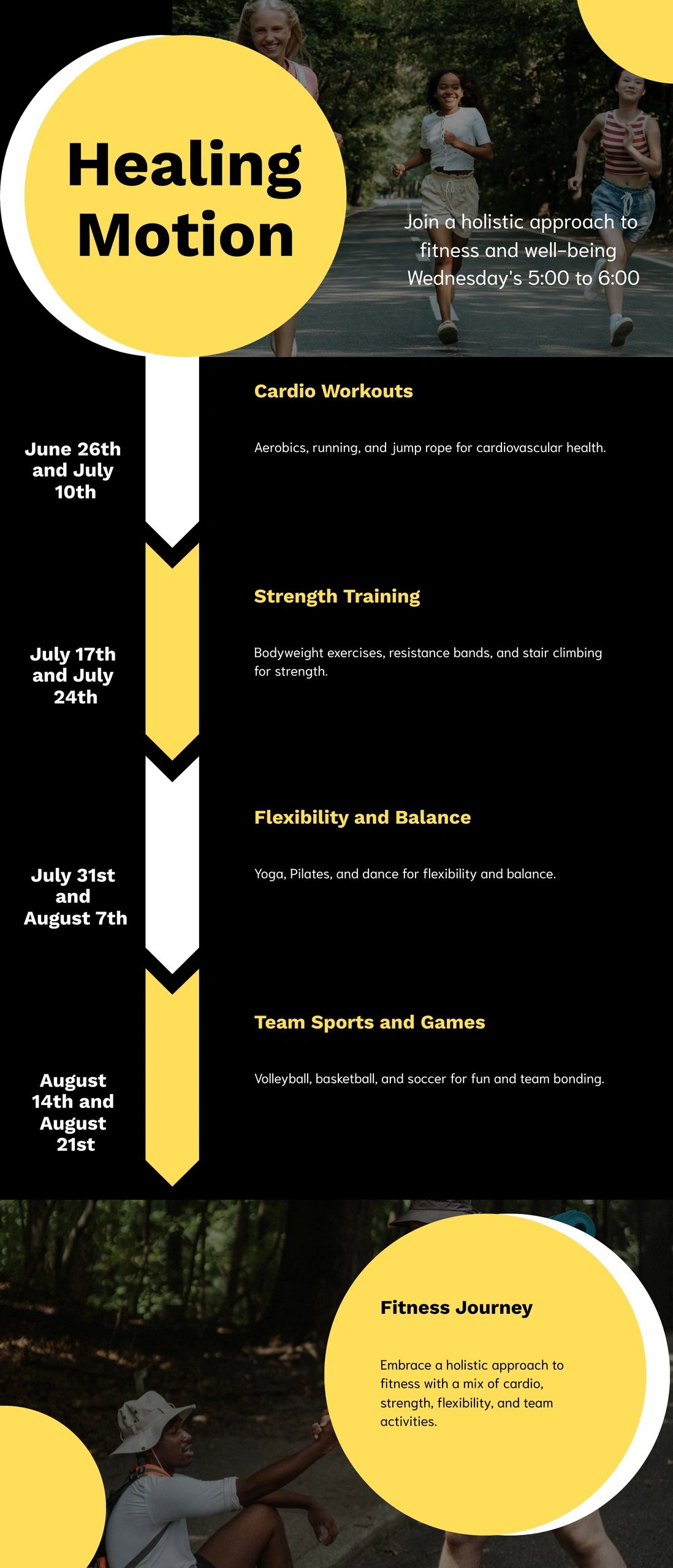 Healing Motion fitness program offers holistic workouts and team sports for well-being.