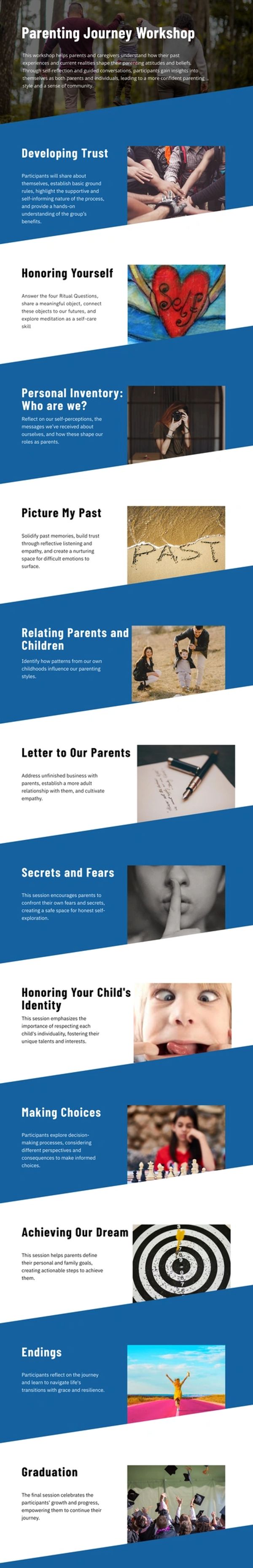 Workshop flyer outlining sessions for parenting growth and self-reflection.
