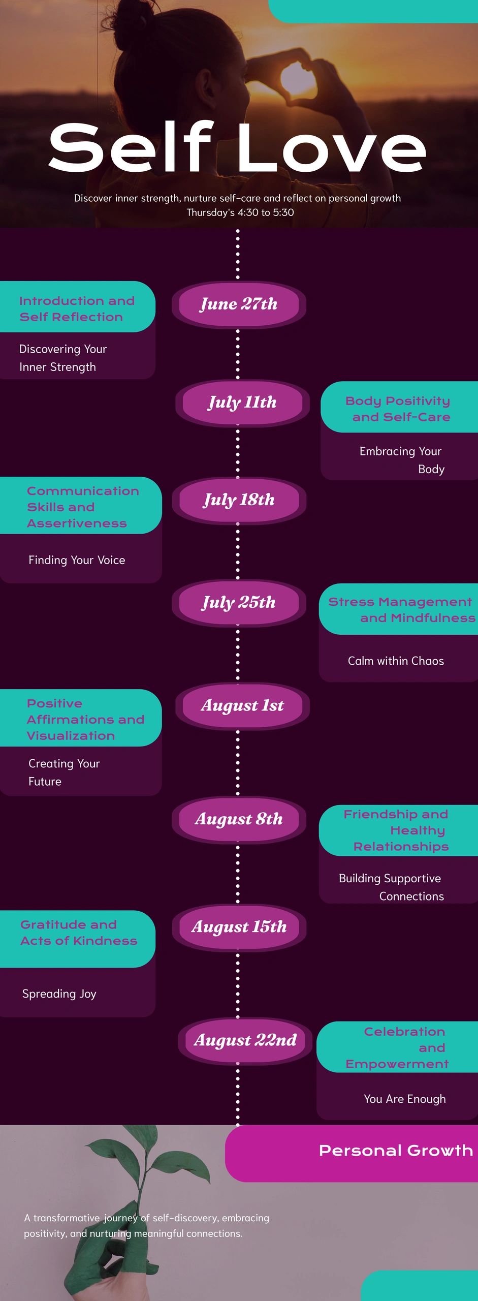 Self Love series schedule for personal growth and self-care development.