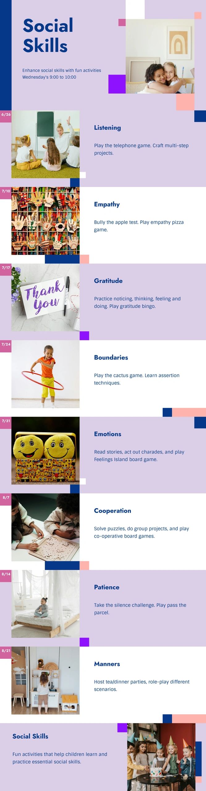 Infographic on enhancing children's social skills through weekly themed activities.