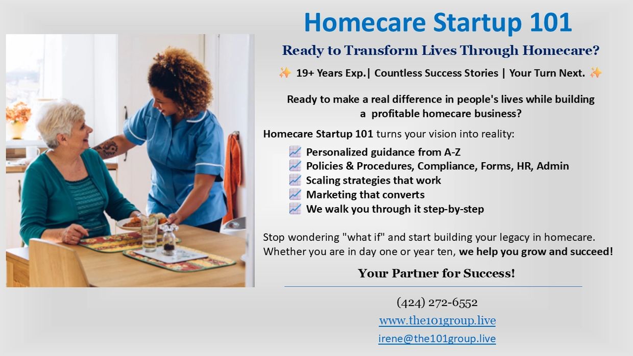 A caregiver assists an elderly woman during a meal, promoting homecare startup services.