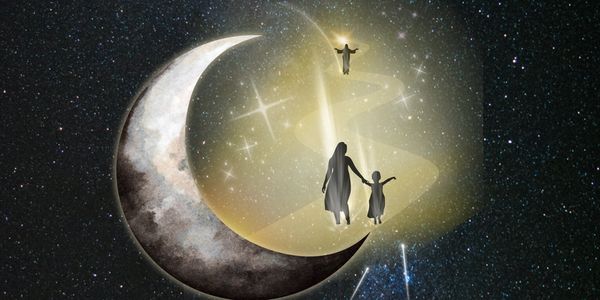 Silhouetted figures walk from a crescent moon towards a glowing figure in a starry sky.