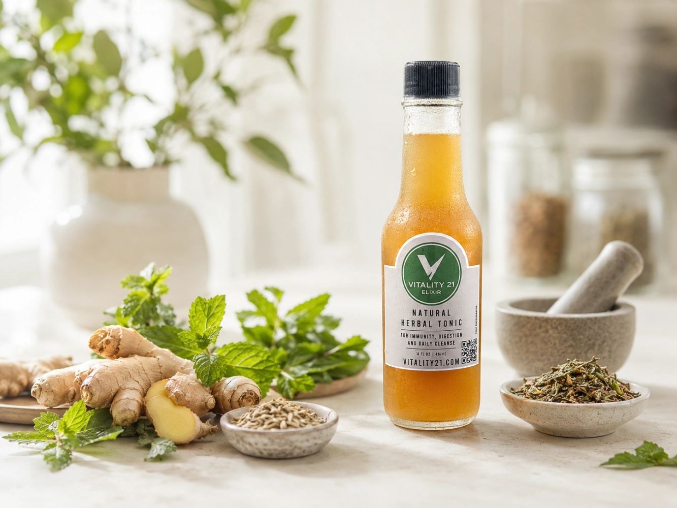 Vitality 21 Elixir bottle with fresh botanicals and ginger in a bright natural setting.