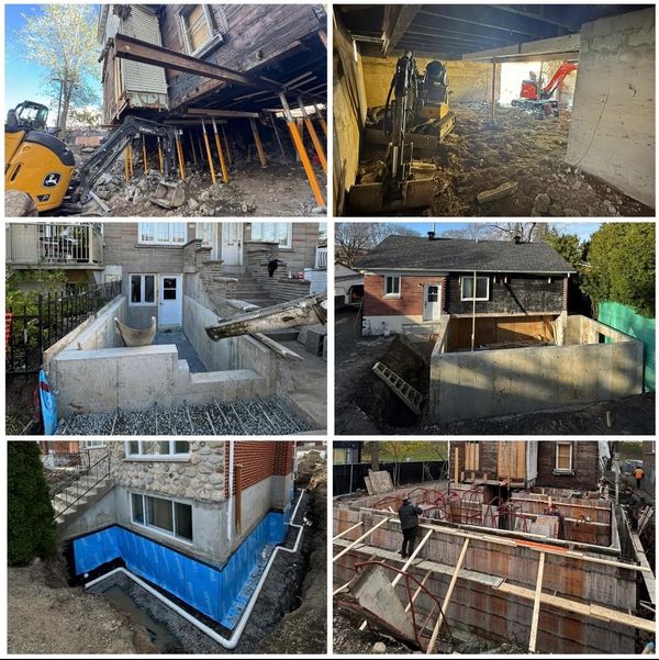 Construction phases showing house foundation excavation and reinforcement work.