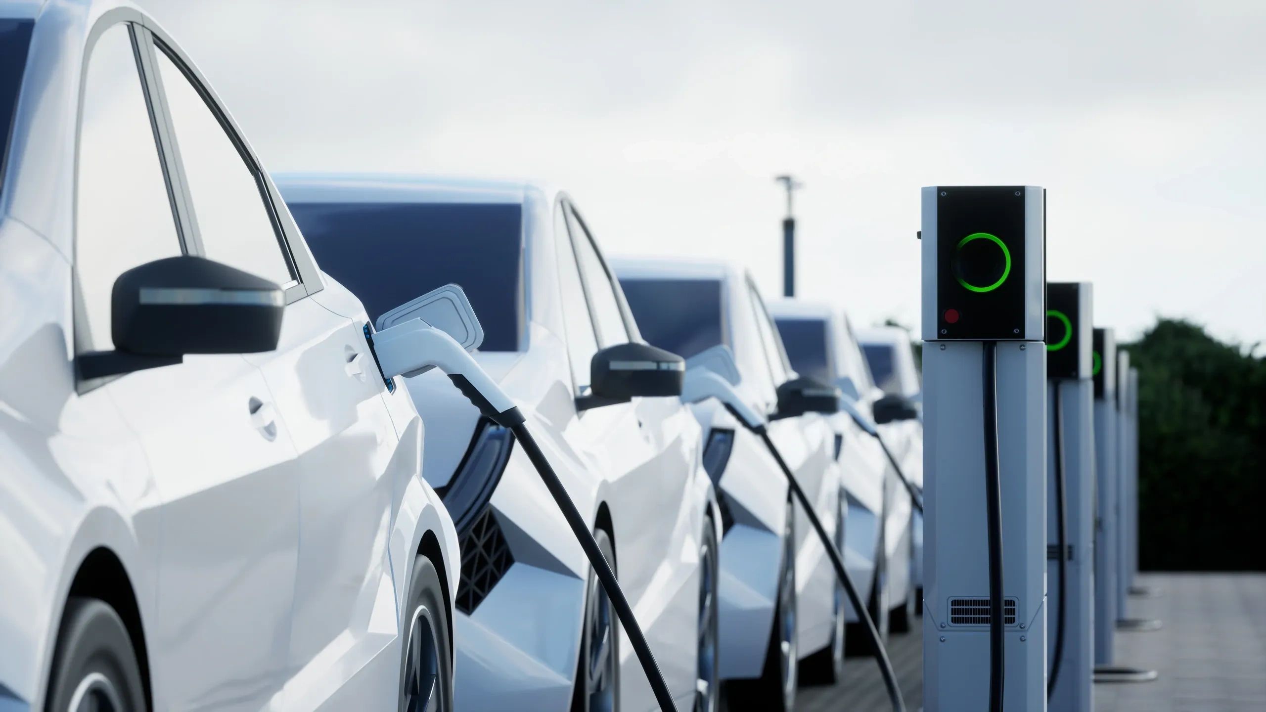A row of white electric cars charging at a modern station.