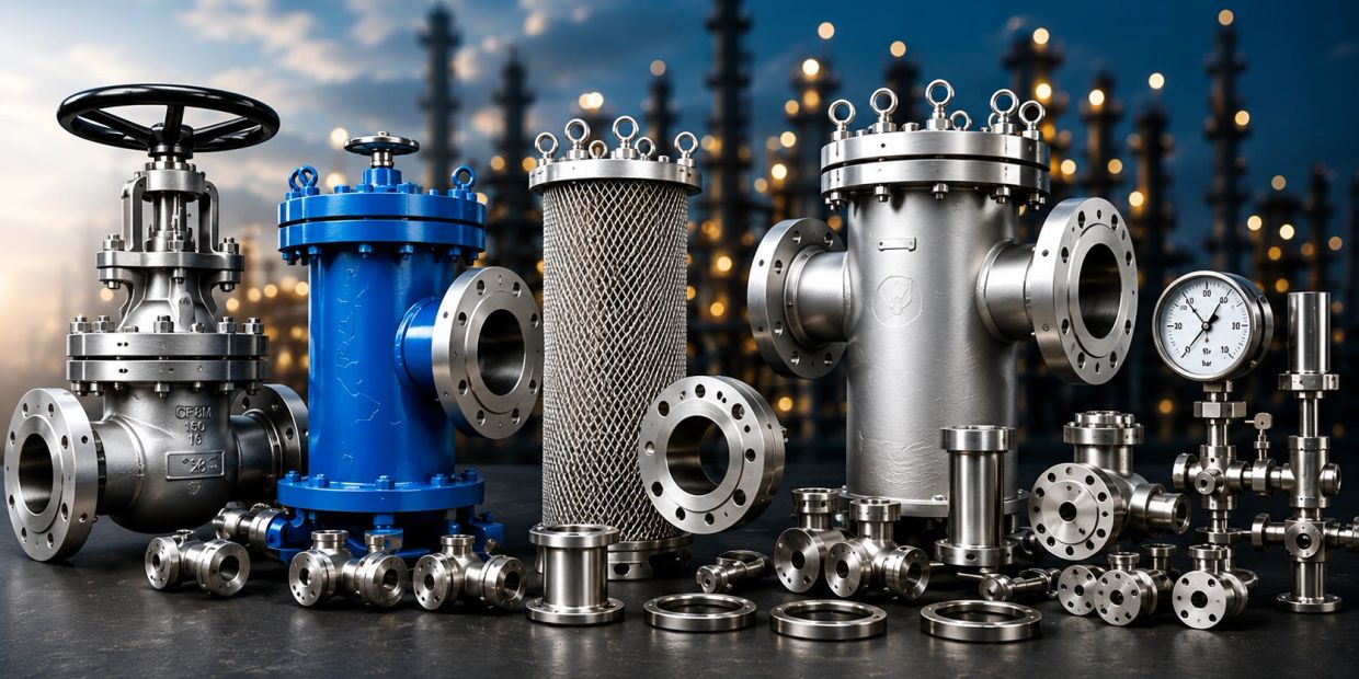 Industrial metal valves and fittings.