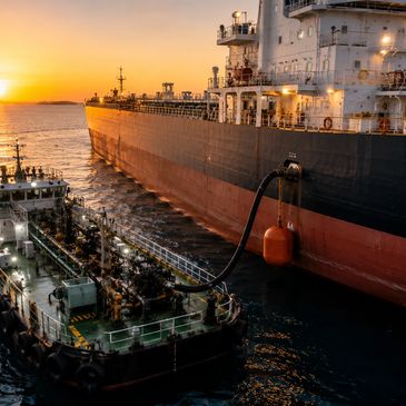 A tanker ship alongside a smaller bunker vessel, transferring fuel through a large hose.