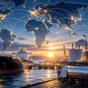 Global shipping and logistics network with fuel cargo ship and tanker truck.