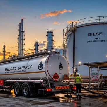 Diesel tanker refueling at a fuel storage facility.