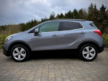 Side view of a gray compact SUV parked on a paved area near greenery.