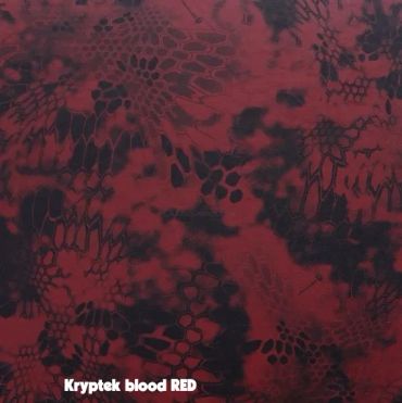 Fabric with red and black Kryptek blood pattern.