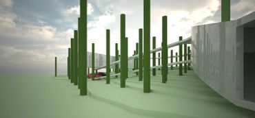 Modern architectural design with green pillars and a sleek ramp structure.