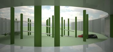 Modern circular parking structure with green pillars and ramps under a cloudy sky.