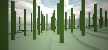 Digital forest with tall green cylindrical trees and a modern structure in the background.