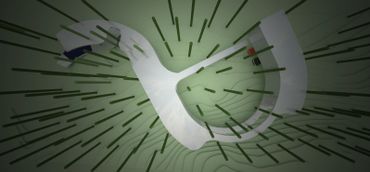 Top-down view of a futuristic white structure surrounded by green vertical poles on a textured green ground.