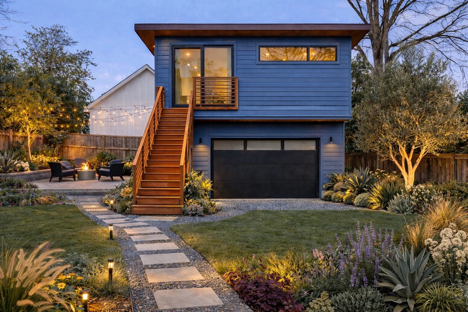 Modern blue two-story house with wooden staircase and illuminated garden path.
