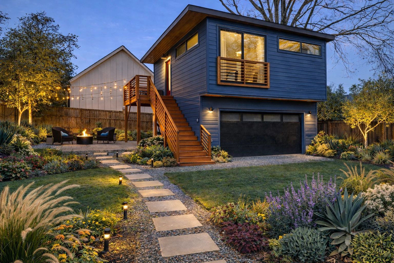 Modern backyard with cozy fire pit and stylish blue guesthouse.