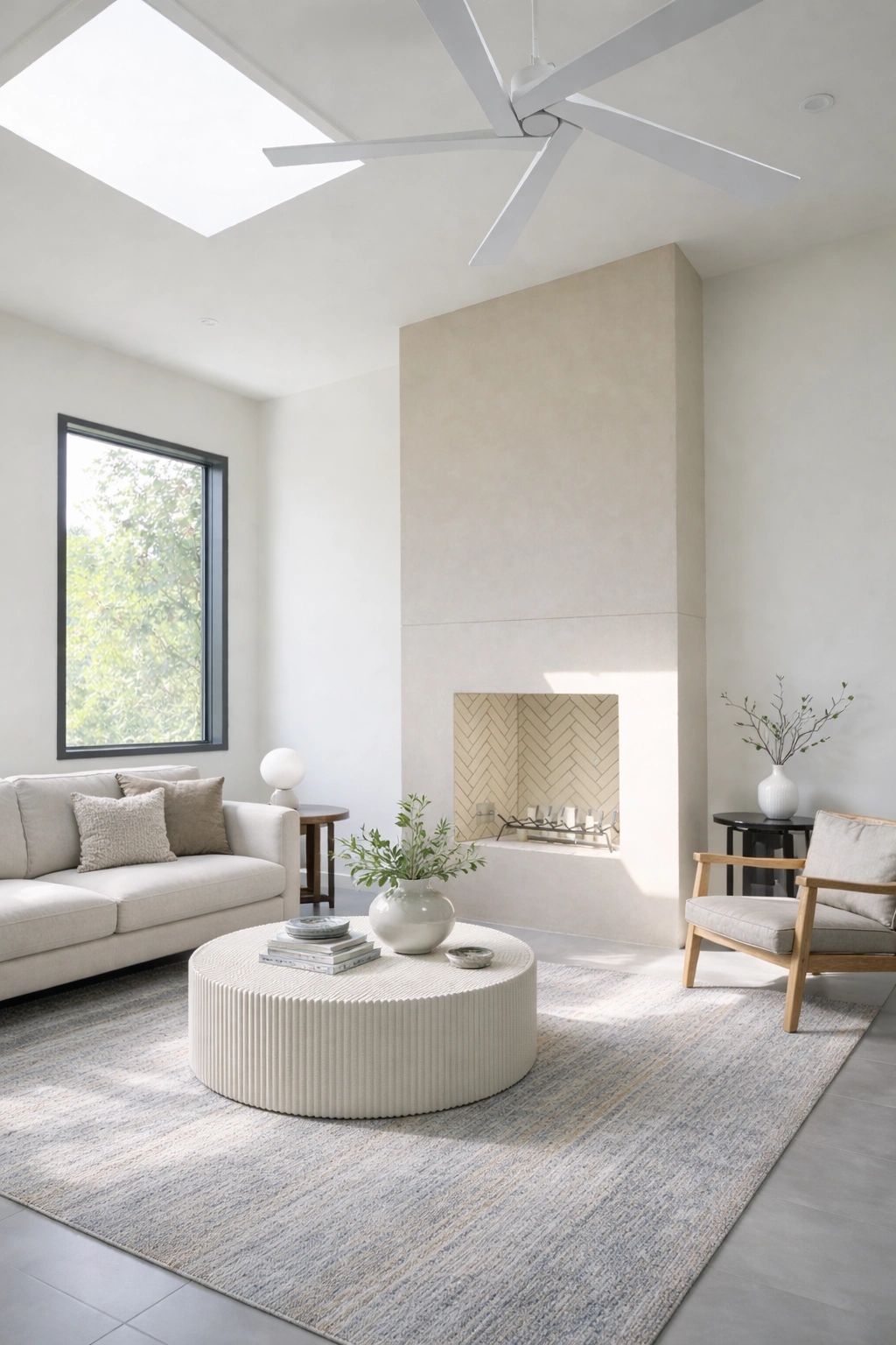 Bright, minimalist living room with neutral tones and natural light from a skylight and window.