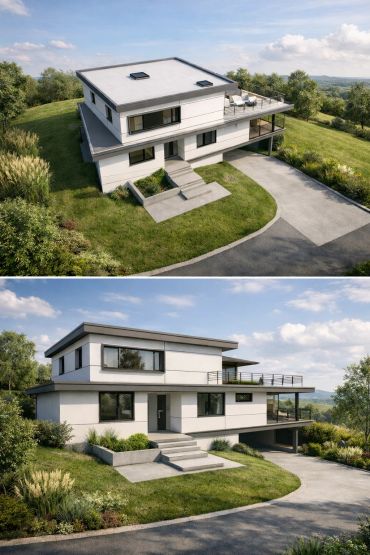 Modern two-story house with flat roof and spacious balcony surrounded by greenery.