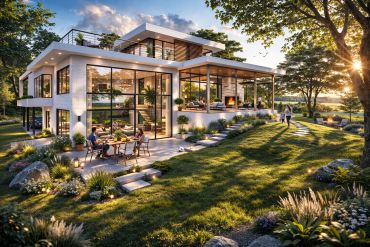 Modern house with large windows and outdoor seating at sunset.