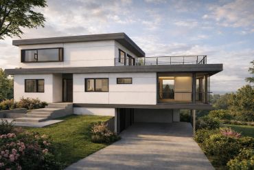 Modern two-story house with large windows and a rooftop terrace.